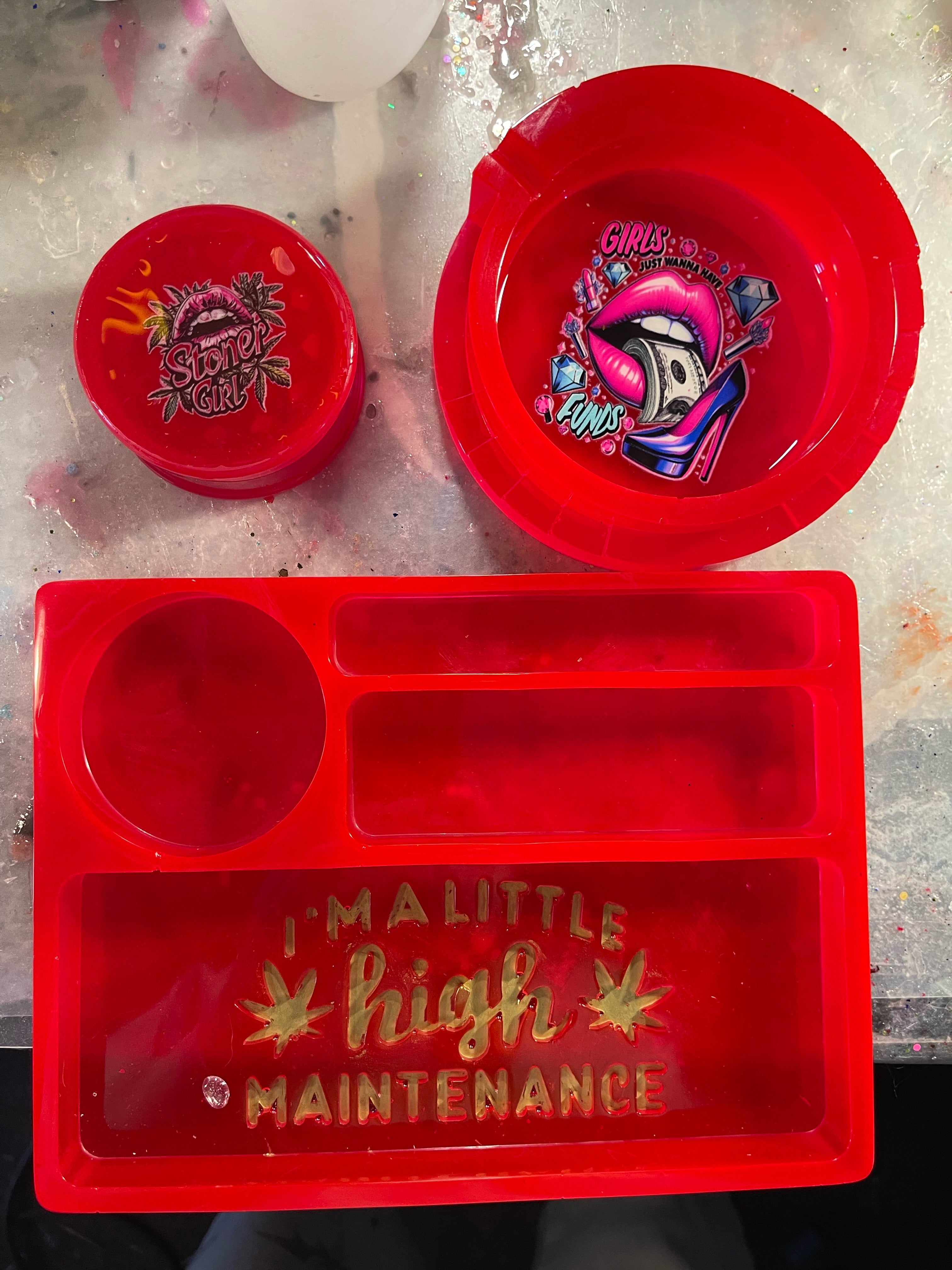 Custom Color “High Maintenance” Rolling Tray Set – Includes Grinder & Ashtray (Any Color)