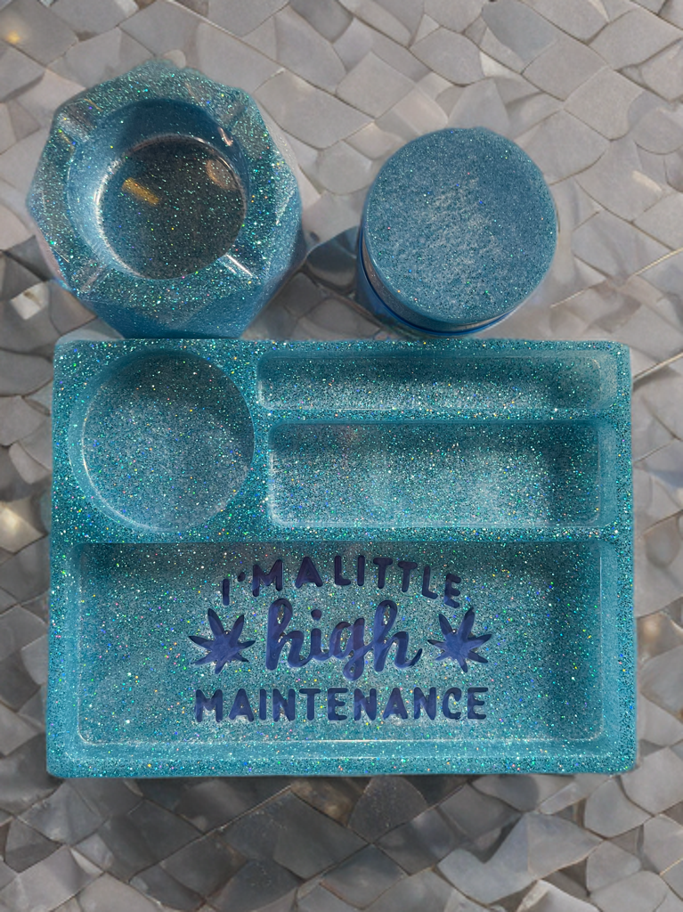 Custom Color “High Maintenance” Rolling Tray Set – Includes Grinder & Ashtray (Any Color)